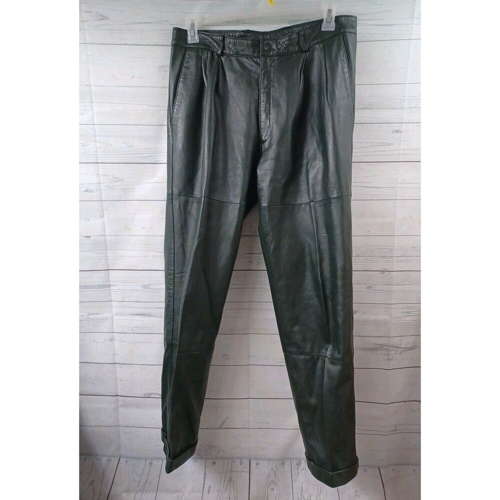 Vilanto Leather Biker Moto Pants Womens 34 Green High Rise Straight Leg Zip Fly